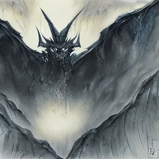 Prompt: the Balrog of Morgoth, detailed watercolour, charcoal painting by Hiro Isono
