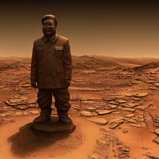 Image similar to a photo of mao zedong's sculpture on mars a made of resin, dramatic lighting, unreal engine 5 highly rendered, radiant light, detailed and intricate environment