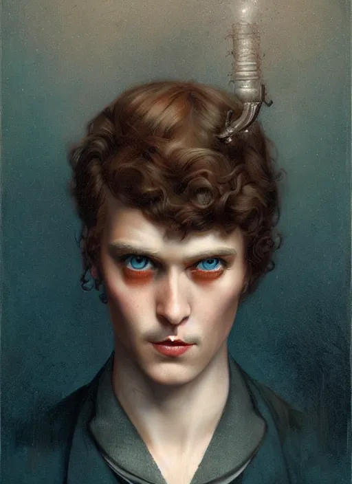 Image similar to a sociopathic portrait of a pockmarked man with beautiful blue eyes and short brown hair, art by manuel sanjulian and tom bagshaw