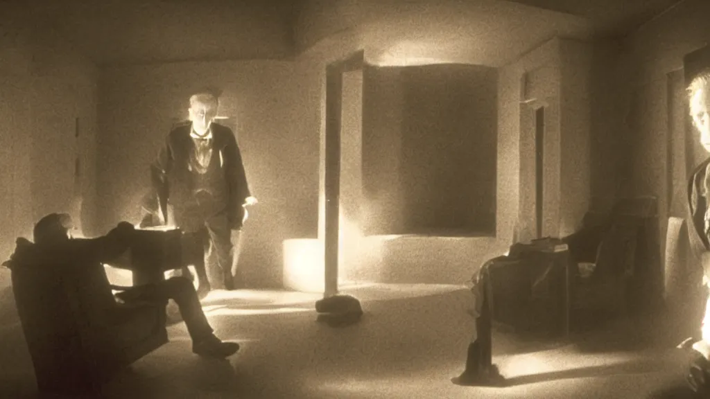 Prompt: an mri image of james cavell in the living room, film still from the movie directed by denis villeneuve with art direction by salvador dali, wide lens