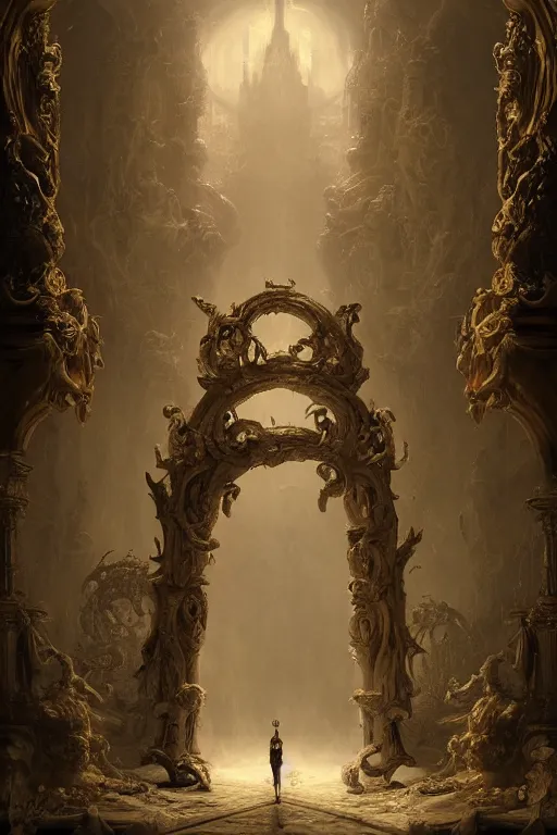 Image similar to the dweller at the threshold, dramatic, elaborate emotive Baroque and Rococo styles to emphasize beauty as a transcendental, 8k image, ultra-realistic, the style of WLOP