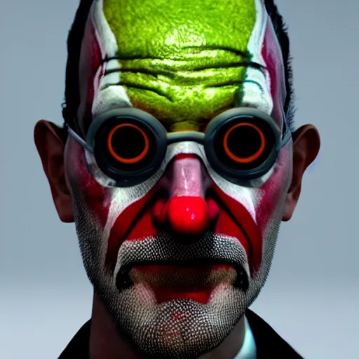 Image similar to cinematic shot of gordon freeman with joker face paint, 8 k, very detailed, half - life 2, very intricate,