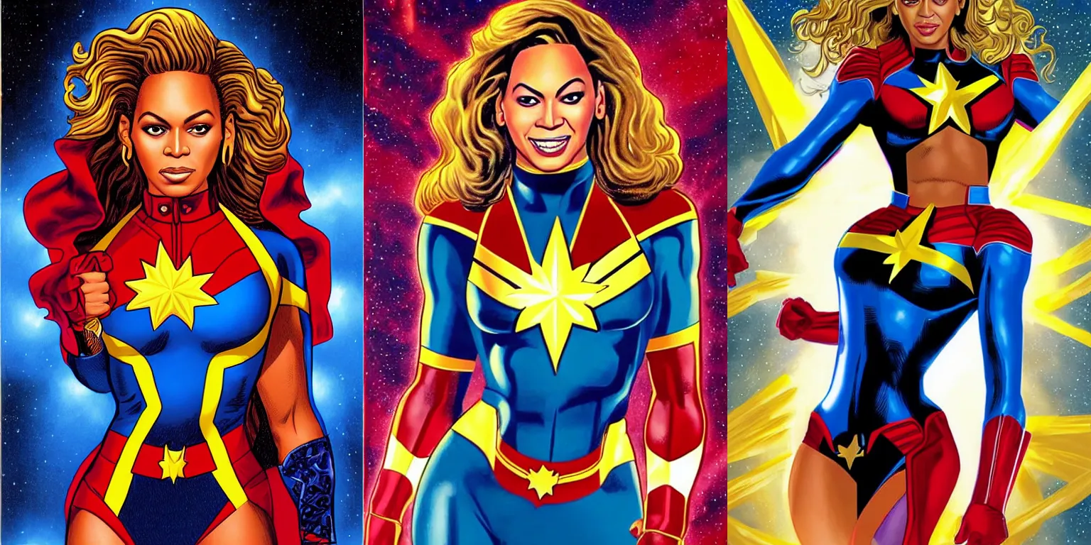 Prompt: Beyoncé as Captain Marvel by Greg Hildebrandt