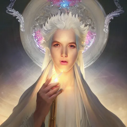 Image similar to white haired robe celestial goddess full body portrait, flower corridor, atmospheric lighting, perfect shadow, fine kindness delicate prefect face features gaze, elegant, smooth, style of tom bagshaw, cedric peyravernay, peter mohrbacher, victo nga, james jean, ross tran, louis comfort tiffany, raphael lacoste, 4 k hd illustrative wallpaper, chinese style