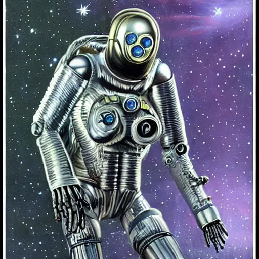 Image similar to a metallic eldritch cyborg humanoid with astronaut like features, hp lovecraft, alan bean