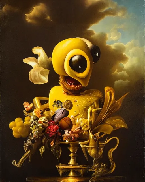 Prompt: refined gorgeous blended oil painting with black background by christian rex van minnen rachel ruysch dali todd schorr of a chiaroscuro portrait of spongebob squarepants dutch golden age vanitas intense chiaroscuro cast shadows obscuring features dramatic lighting perfect symmetry perfect composition masterpiece