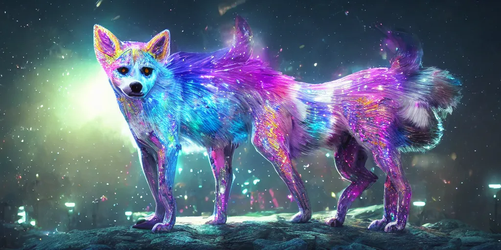 Image similar to sparkle dog, realistic 4 k octane beautifully detailed render, 4 k post - processing, highly detailed, intricate complexity, epic composition, magical atmosphere, cinematic lighting, masterpiece, ultra hd