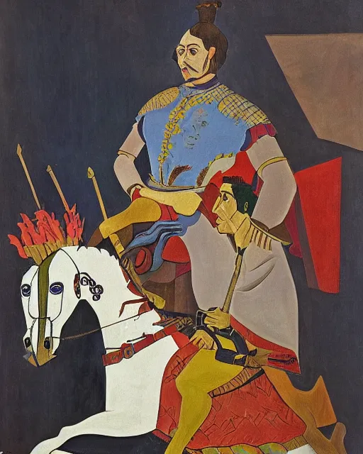 Prompt: portrait of a spanish conquistador in battle riding a horse, by daniel zrom and pablo picasso and studio ghibli and salvador dali, facial features, handsome