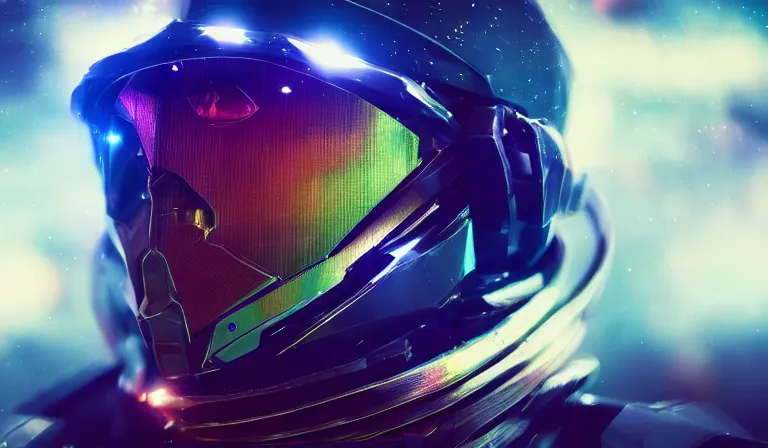 Image similar to shiny cyberpunk halo helmet in space with star light background, close shot, 8k, cinematic, epic, ultra detailed, award winning, trending on artstationHD, dramatic