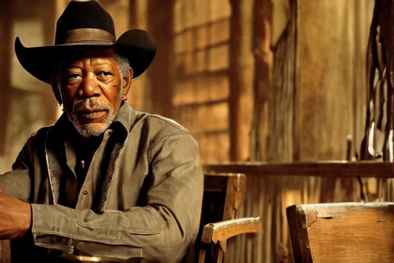 Image similar to a film still of morgan freeman starring as a sheriff in a western movie, sitting in a saloon, dramatic lighting