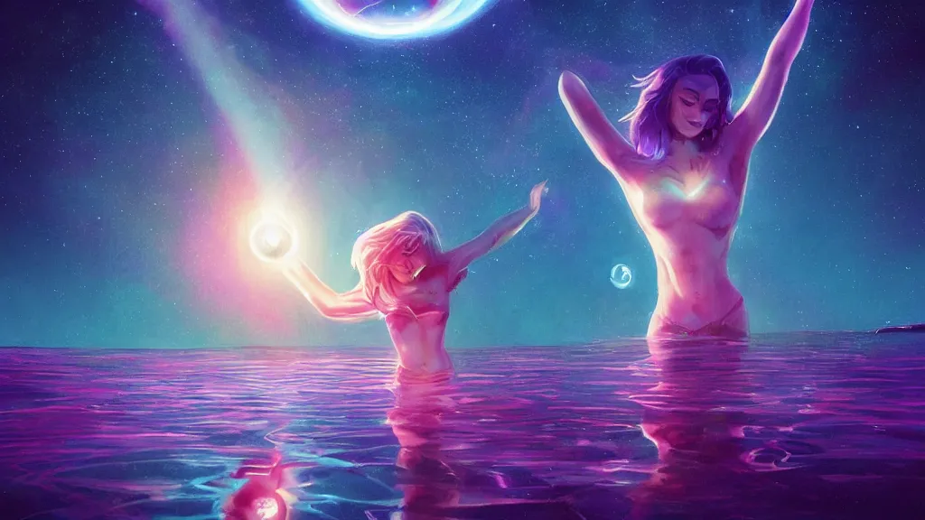 Image similar to one beautiful whimsical goddess standing in a lake basking in the moonlight, underneath a multi-colored binary blackhole with an accretion disc, glowing trails following her arms, synthwave, by Lois van Baarle, by Greg Rutkowski, by artgerm, by beeple, by studio ghibli, cinematic angle, volumetric lighting, 4k resolution, octane render, trending on artstation, masterpiece