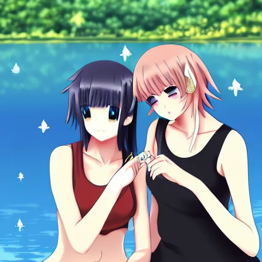 Image similar to two beautiful lesbian girls in love, smoking a hemp cigarette with smoke, sitting in front of a lake, in the style of anime, close - up, pixiv, intricate, elegant, highly detailed, lush, stylized, japanese, smooth