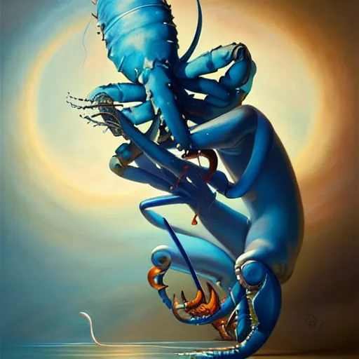 Image similar to The god of wateers resembles a blue lobster, blue lobster, cosmic, horror, Peter Mohrbacher, artwork by Peter Mohrbacher, inspired by Salvador Dalí, surreal