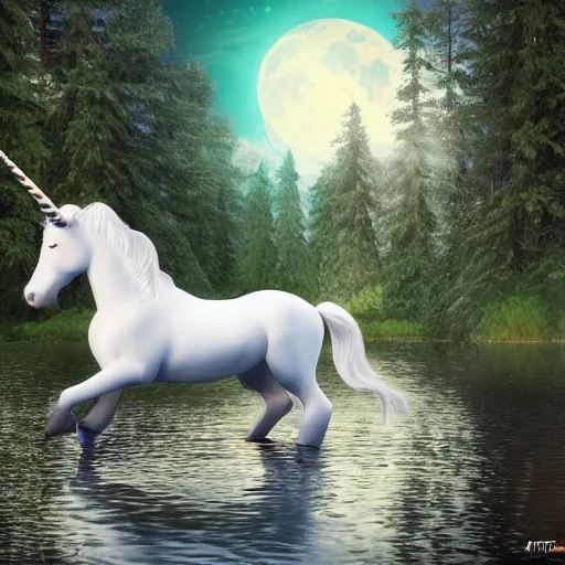 Image similar to a white unicorn drinking from a lake. the moon shines in the background forest on the unicorn. beautiful artstation, 4 k, hdr.