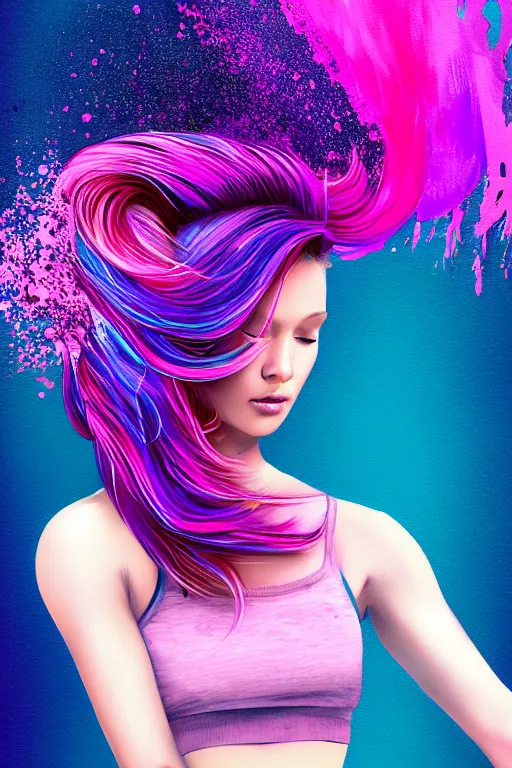 Prompt: a award winning half body portrait of a beautiful woman in a croptop and cargo pants with ombre purple pink teal hairstyle with head in motion and hair flying by wlop, paint splashes, splatter, outrun, vaporware, shaded flat illustration, digital art, trending on artstation, highly detailed, fine detail, intricate