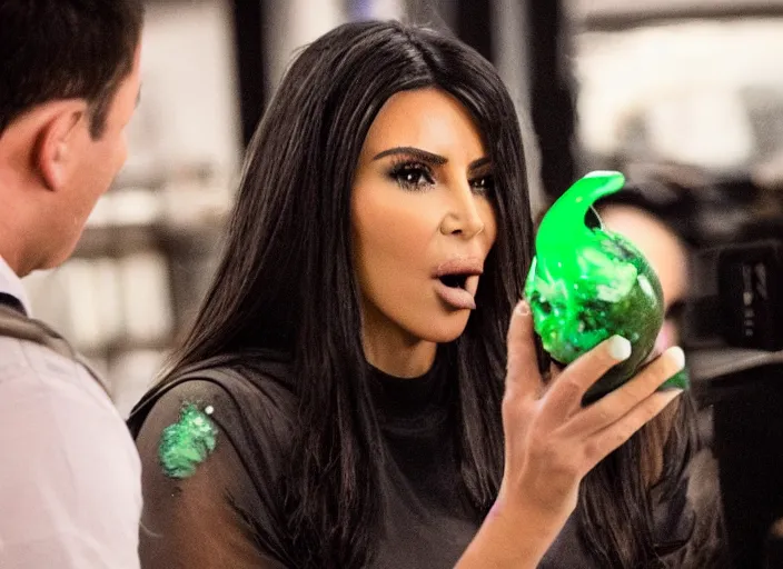 Image similar to film still of kim kardashian ingesting alien goo from the mouth of an xenomorph, transparent goo, transparent liquid, saliva, 8 k