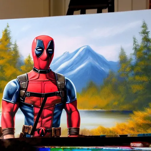 Image similar to a closeup photorealistic photograph of bob ross working on a canvas painting of deadpool. film still. brightly lit scene. mountains and trees. this 4 k hd image is trending on artstation, featured on behance, well - rendered, extra crisp, features intricate detail, epic composition and the style of unreal engine.