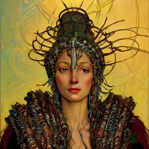 Prompt: a baroque neoclassicist close - up renaissance portrait of an art deco shaman, reflective detailed textures, highly detailed fantasy science fiction painting by annie swynnerton and jean delville and moebius, norman rockwell, frank frazetta, and syd mead. rich colors, high contrast. artstation