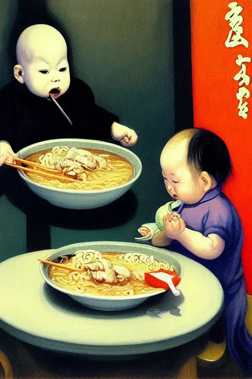 Image similar to evil human giant baby eating a huge bowl of ramen in new york city, traditional chinese restaurant, hauntingly surreal, highly detailed painting by francis bacon, edward hopper, adrian ghenie, gerhard richter, and james jean soft light 4 k,