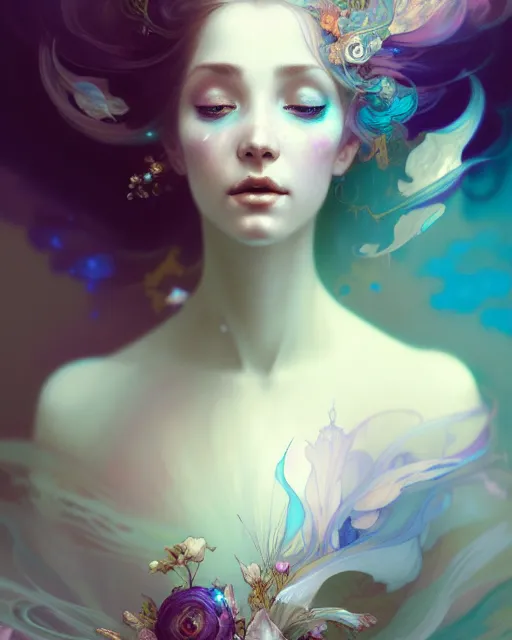 Image similar to ultrarealistic Portrait of ethereal deity wearing beautiful gown, calm, 4k digital masterpiece by Anna Dittman and Alberto Seveso Ruan Jia, rossdraws and alphonse mucha and loish and WLOP, fantasycore, Hyperdetailed, realistic digital painting, atmospheric, soft lighting, featured on Artstation