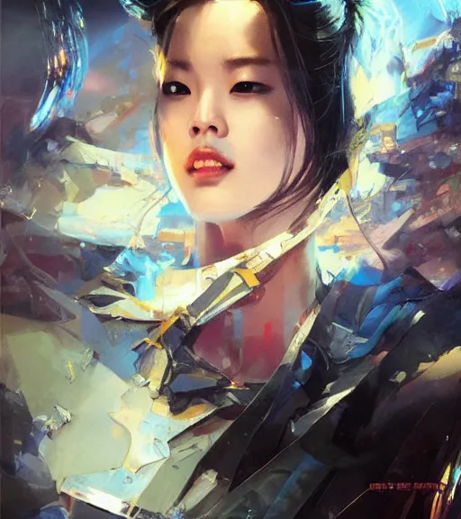 Image similar to Lee Jin-Eun by John Berkey and Peter Mohrbacher, rule of thirds, seductive look, beautiful, in intergalactic hq
