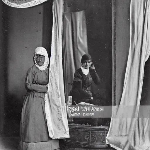 Image similar to elite egyptian woman at a french tailor in cairo, vintage photo, soft lighting, 1 8 9 0