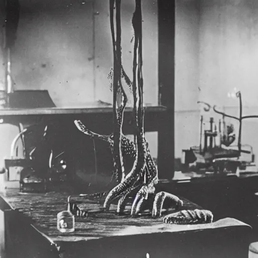 Prompt: The remains of Cthulhu in a lab. 1940s photograph.