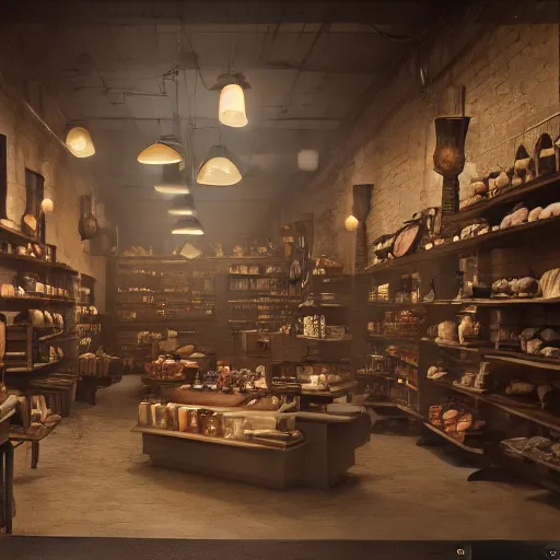 Image similar to A hyper realistic matte painting of interior of a western style shop with shopkeeper, 4k, artstation, cgsociety, cinematic lighting