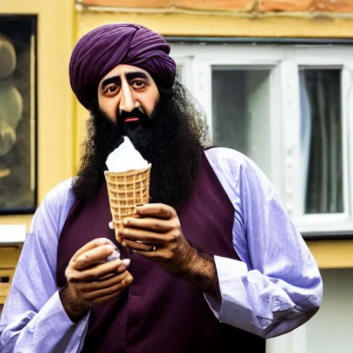 Prompt: Osama Bin Laden shoving a cone of ice cream in his mouth, getting very messy