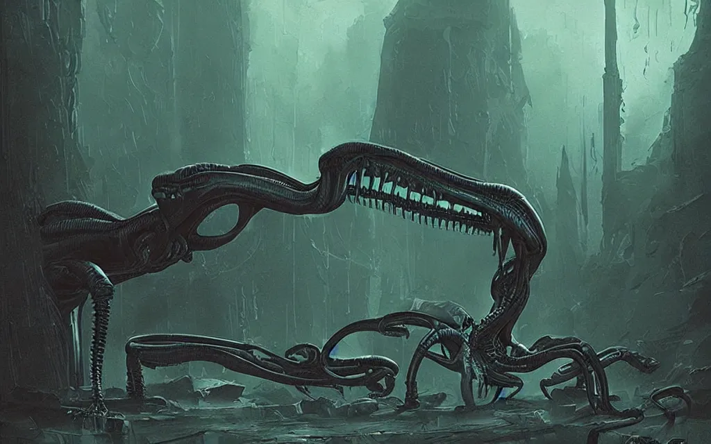 Image similar to A Xenomorph from the movie Alien. Digital art, Simon Stålenhag, melancholic.