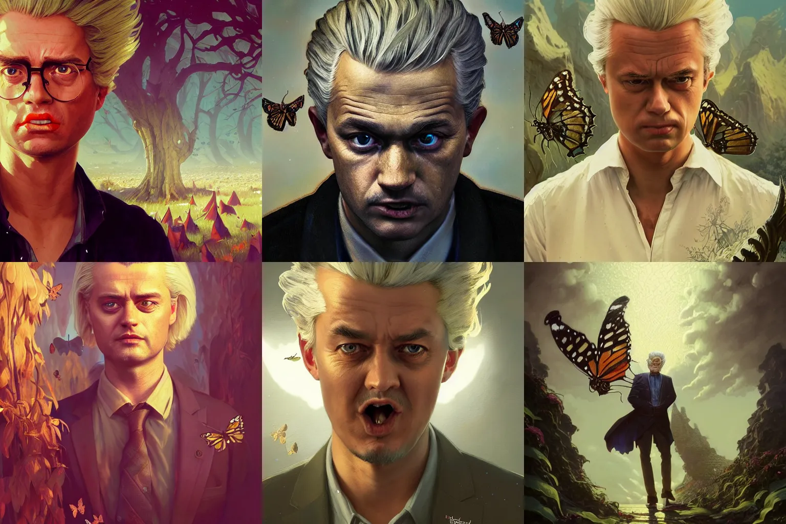 Prompt: highly detailed portrait of an angry and wasted geert wilders with butterfly wings, unreal engine, fantasy art by greg rutkowski, loish, rhads, ferdinand knab, makoto shinkai and lois van baarle, ilya kuvshinov, rossdraws, tom bagshaw, alphonse mucha, global illumination, radiant light, detailed and intricate environment