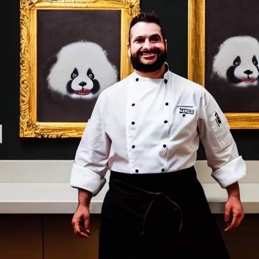 Prompt: A high contrast portrait of a very happy fuzzy pandadressed as a chef in a high end kitchen making dough.There is a painting of flowers on the wall behind him.