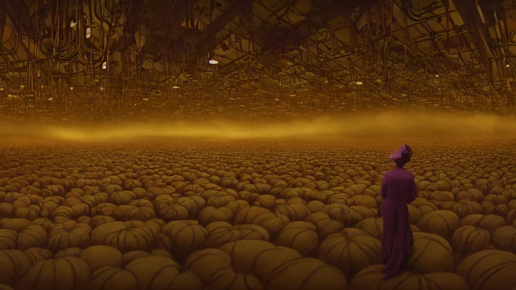 Image similar to inside of a room at Willy Wonka’s chocolate factory, film still from the movie directed by Denis Villeneuve with art direction by Zdzisław Beksiński, wide lens