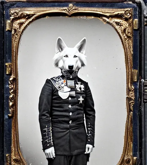 Prompt: professional studio photo portrait of anthro anthropomorphic albino german shepard head animal person fursona serious wearing elaborate military general uniform clothes degraded medium by Louis Daguerre daguerreotype tintype