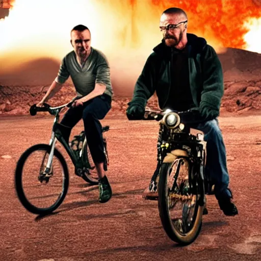 Prompt: photo of walter white and jesse pinkman riding bikes with an exploding building behind them, color, cinematic lighting, highly detailed