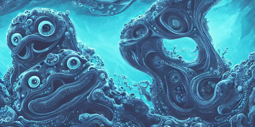 Image similar to of an intricate deep sea with strange cute friendly happy creatures with huge eyes, mouth, long tongue, round teeth and goofy face, appearing from the background, in the style of gehry and gaudi, macro lens, shallow depth of field, ultra detailed, digital painting, trending artstation, concept art, illustration, cinematic lighting, photorealism, epic, octane render