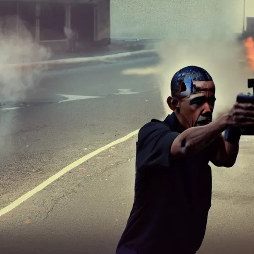 Image similar to angry barack obama shooting and terrorizing people in the hood, 8k resolution, full HD, cinematic lighting, award winning, anatomically correct