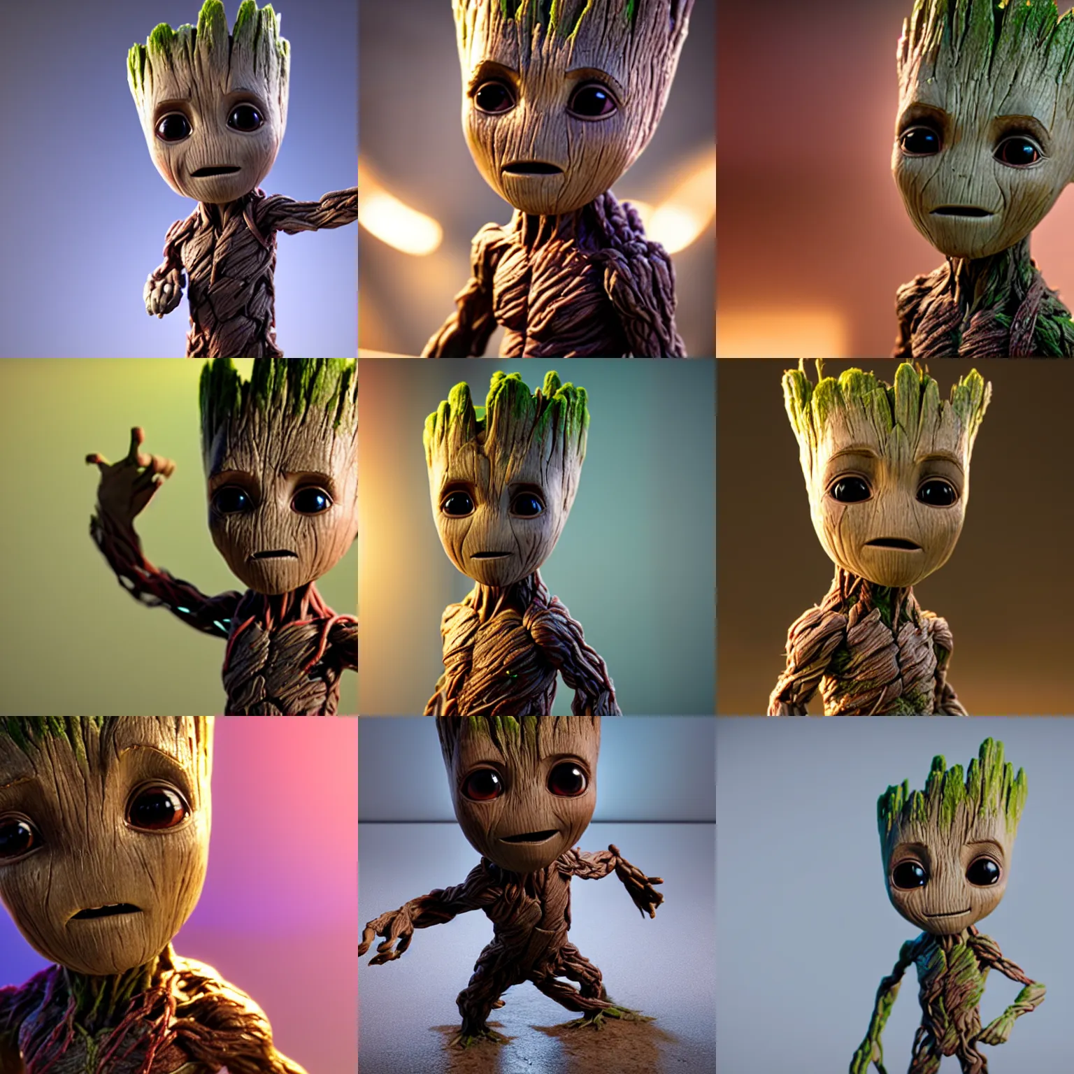 Prompt: still photo of baby groot, studio lighting, unreal engine 5 quality render, photorealistic portrait, highly detailed, bright studio setting, crisp quality and light reflections