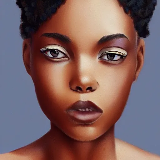 Prompt: very beautiful African girl with freckles, elegant look, tired eyes, artstation