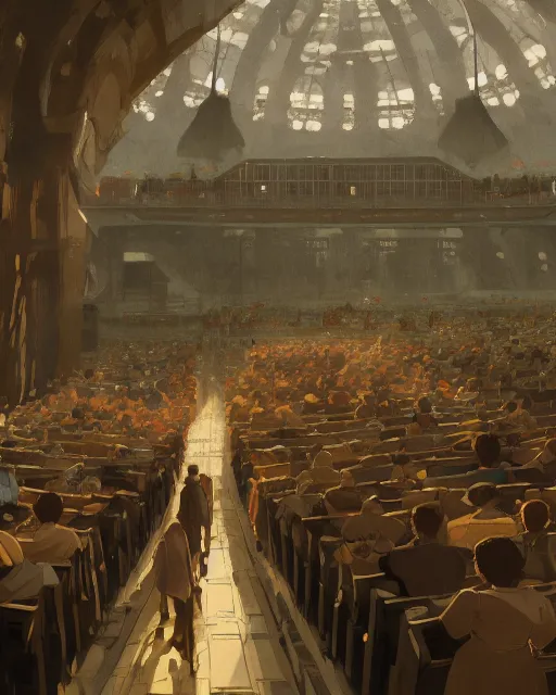 Image similar to craig mullins and ghibli digital illustration of a crowd in a futuristic church, priest, pews, ethereal, inviting, bright, raking light, unreal engine, hyper realism, realistic shading, cinematic composition, realistic render, octane render, detailed textures, photorealistic, wide shot