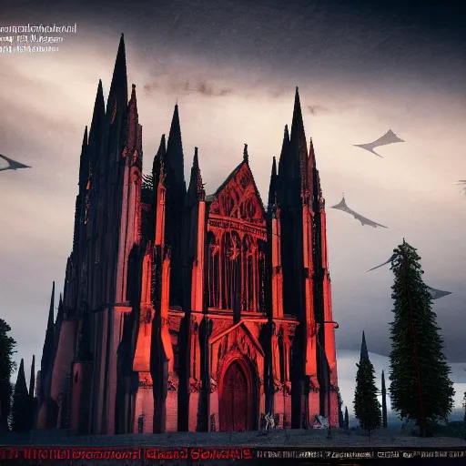 Prompt: physically based octane render of a epic dark gothic cathedral with tall spires made of hard red rock, gothic architecture, large windows, bloodborne cathedral, stained glass windows, gothic cathedral, GOTHIC cathedral, bristlecone pine trees, ultrawide cinematic, dark dramatic skies, atmospheric, vultures