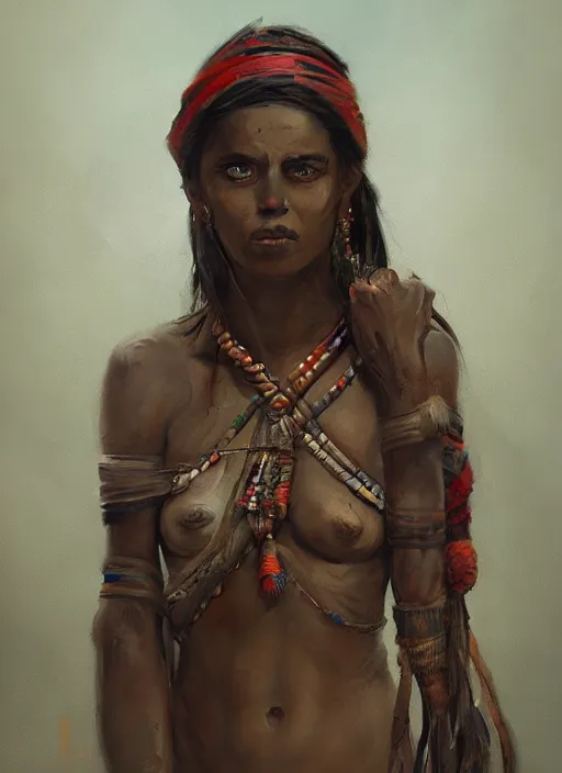 Image similar to A painting of a tribal woman trending on artstation in the style of Greg Rutkowski