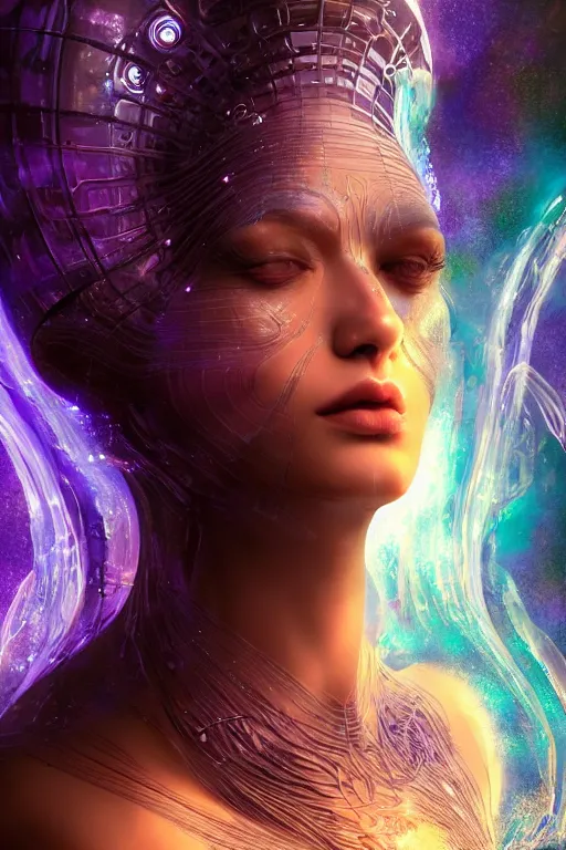 Image similar to a render of an ancient futuristic ethereal alluring goddess with digital modifications surrounded by a underwater ink pour and flowing liquid gallium and complex sacred geometry, powerful, cinematic, beautifully lit, perfect face, by beeple, by artgerm, by karol bak, 3 d, trending on cgsociety, octane render, zbrush central, 8 k