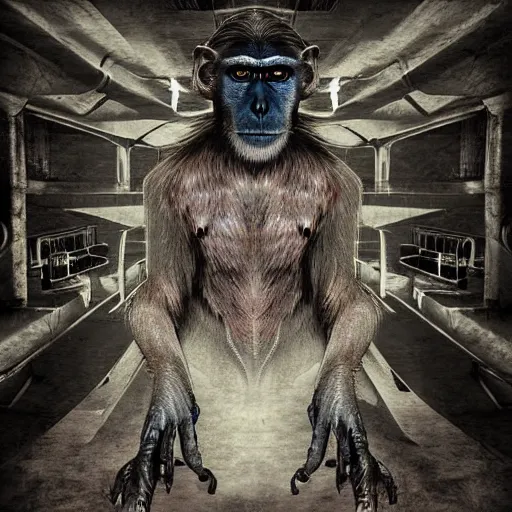 Prompt: macaque inside alien base, digital art, soft shadows, scary art