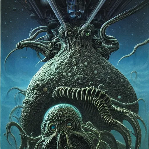 Image similar to outer space with eldritch terror and Cthulhu in the middle of composition, cosmic horror, ultra realistic, highly detailed, HD, sharp focus, cinematic lighting, realistic, art by HR Giger, art by Zdzislaw Beksinski