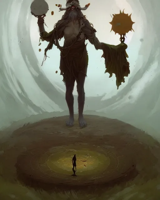 Image similar to a druid standing in a circle at the beginning of the world by peter mohrbacher and james jean