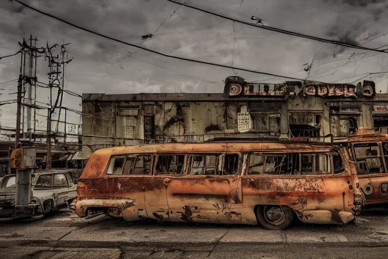 Prompt: low wide angle shot of dilapidated fallout 5, desolate, dilapidated neon signs, few rusted retro futuristic vintage parked vehicles like cars, ( ( ( buses, trucks, trams ) ) ), volumetric lighting, photorealistic, sunny, early evening, golden hour, autumn, sharp focus, ultra detailed, 4 0 0 0 k