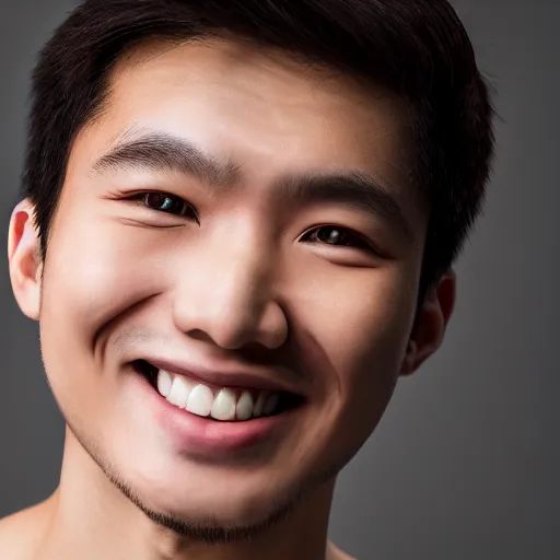 Prompt: Extremely detailed, high-resolution, coherent, realistic face of a babyfaced 20 year old Hong Kong male, smiling, studio photography