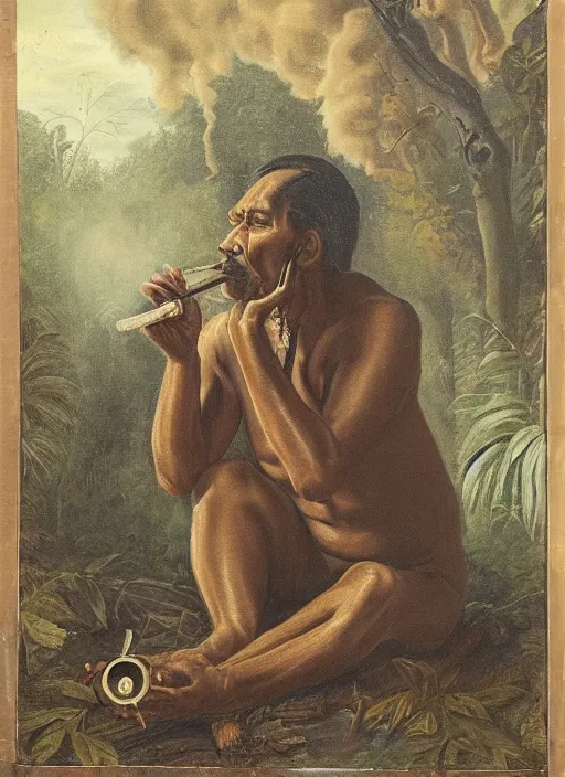 Image similar to a beautiful portrait of an indigenous man sitting in the jungle surrounded by smoke, smoking a pipe, praying with tobacco ,mysterious atmosphere