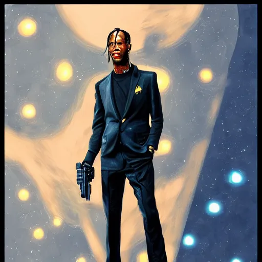 Prompt: travis scott as a agent 0 0 7, digital painting, album cover art, trending on artstation, hyperdetalied,